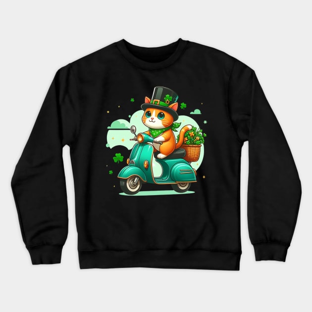 Celebrate St Patricks Day Day with a cute and colorful Cat on a Motorcycle design Crewneck Sweatshirt by click2print